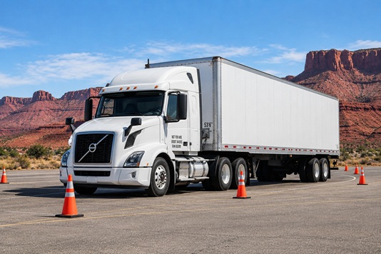 White semi truck navigating a cone course for CDL skills testing in Southern Utah