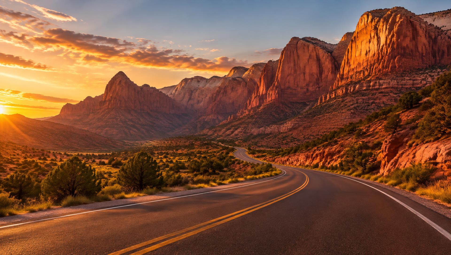 Desert highway leading toward the red cliffs of Zion near St. George, Utah